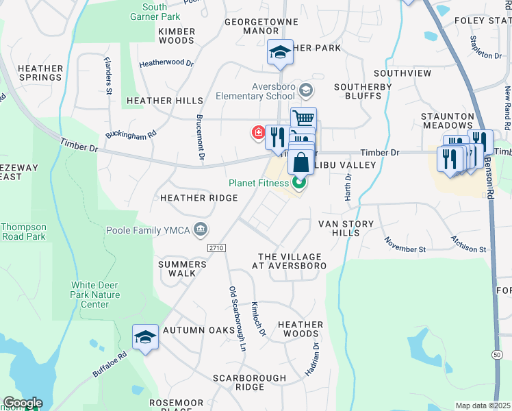 map of restaurants, bars, coffee shops, grocery stores, and more near 153 Kineton Woods Way in Garner