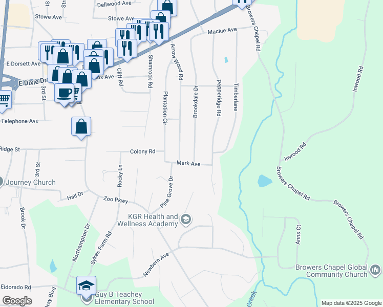 map of restaurants, bars, coffee shops, grocery stores, and more near 1704 Brookdale Drive in Asheboro