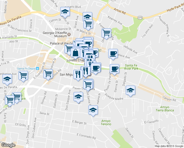 map of restaurants, bars, coffee shops, grocery stores, and more near 329 Old Santa Fe Trail in Santa Fe