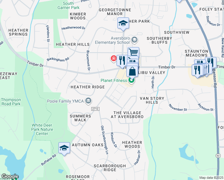 map of restaurants, bars, coffee shops, grocery stores, and more near 153 Kineton Woods Way in Garner