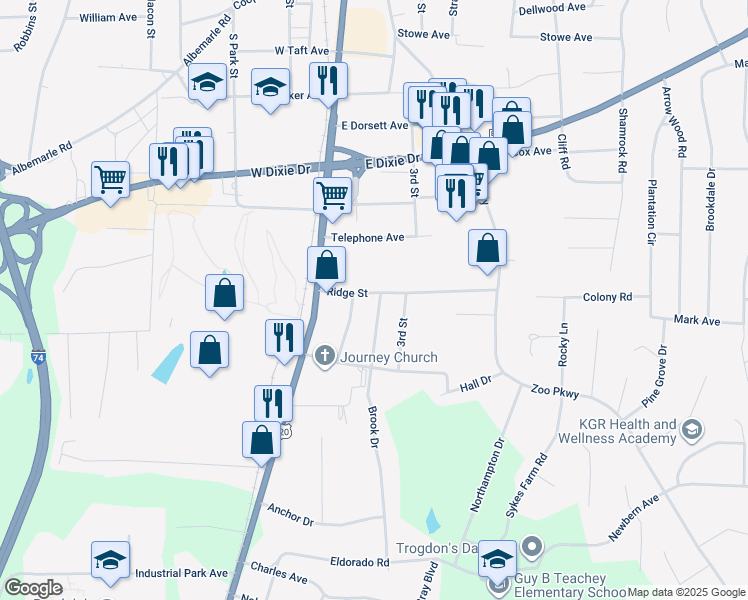 map of restaurants, bars, coffee shops, grocery stores, and more near 220 Ridge Street in Asheboro