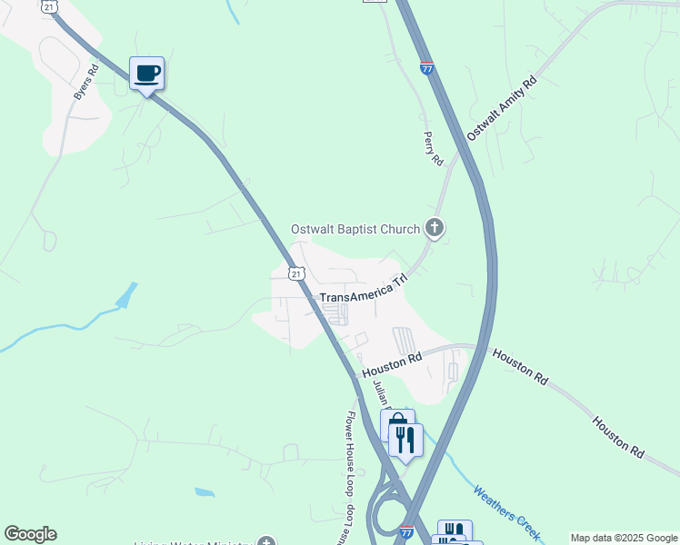 map of restaurants, bars, coffee shops, grocery stores, and more near 107-121 Ostwalt Amity Road in Troutman