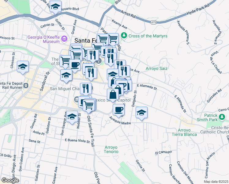 map of restaurants, bars, coffee shops, grocery stores, and more near 924 Paseo De Peralta in Santa Fe
