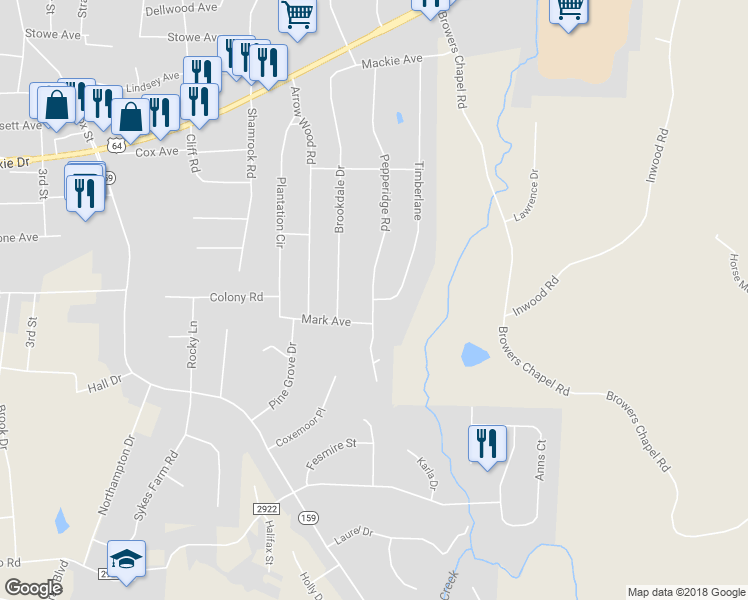 map of restaurants, bars, coffee shops, grocery stores, and more near 3301 Timberlane in Asheboro