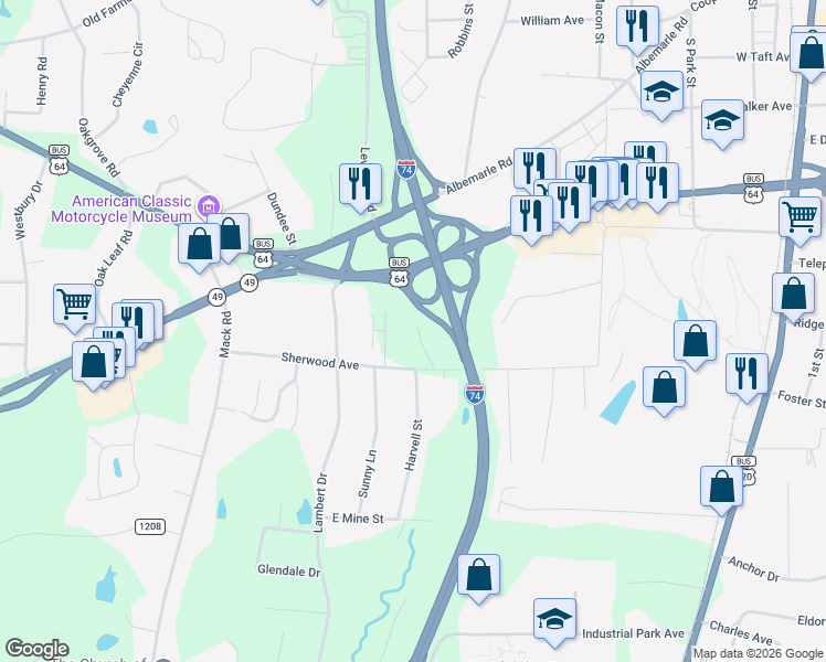 map of restaurants, bars, coffee shops, grocery stores, and more near 248 Harvell Street Ext in Asheboro