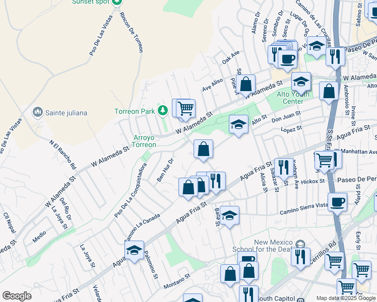 map of restaurants, bars, coffee shops, grocery stores, and more near 250 Plaza Canada in Santa Fe