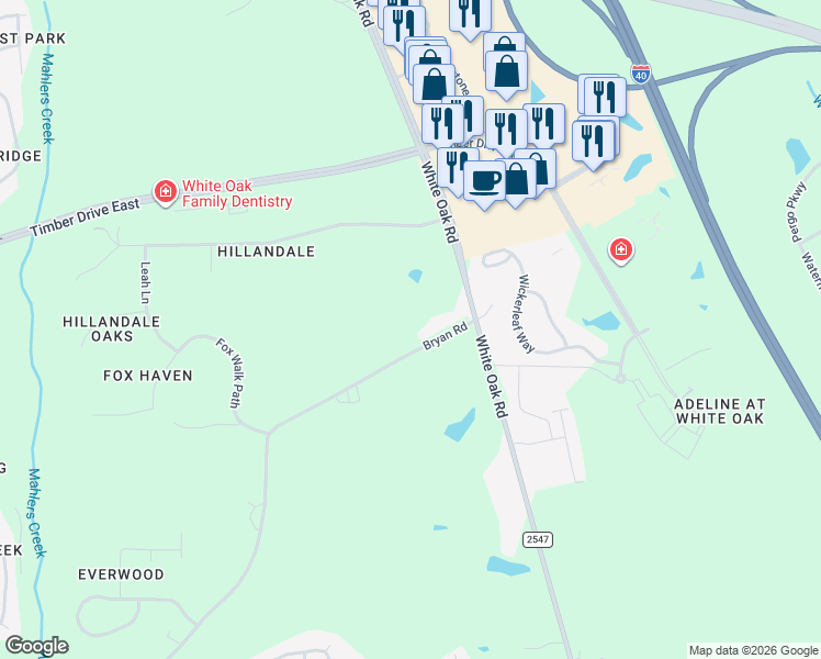 map of restaurants, bars, coffee shops, grocery stores, and more near 7460 Bryan Road in Garner
