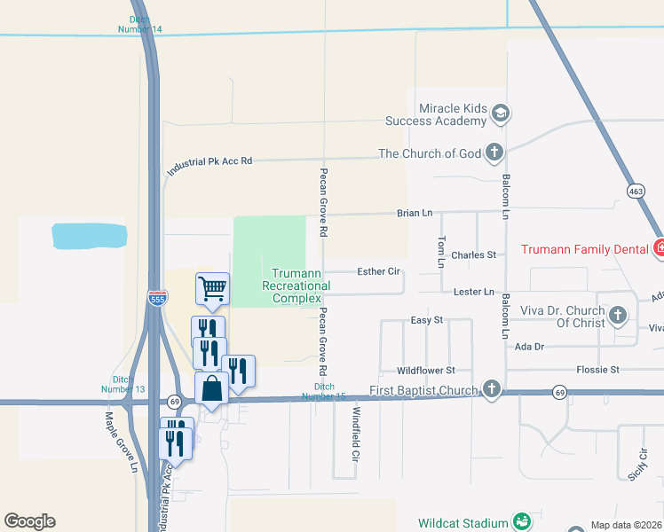 map of restaurants, bars, coffee shops, grocery stores, and more near 16326 Pecan Grove Rd in Trumann