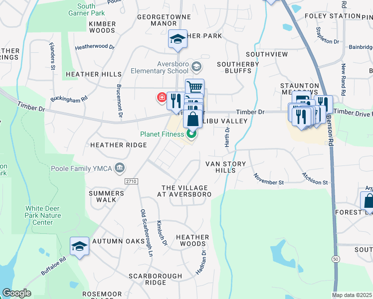 map of restaurants, bars, coffee shops, grocery stores, and more near 266 Gilder Woods Drive in Garner