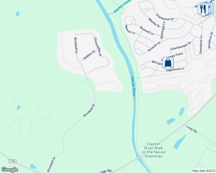 map of restaurants, bars, coffee shops, grocery stores, and more near 118 Michael Way in Clayton