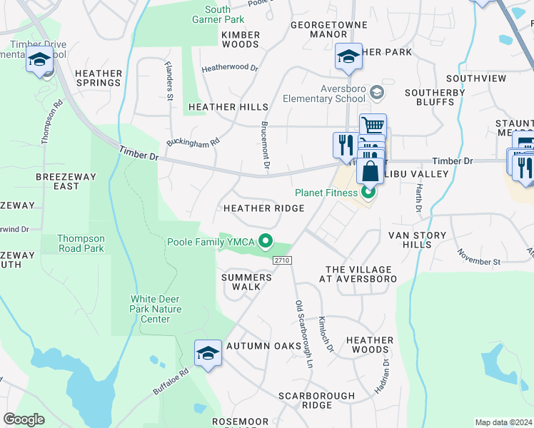 map of restaurants, bars, coffee shops, grocery stores, and more near 105 Tyser Place in Garner