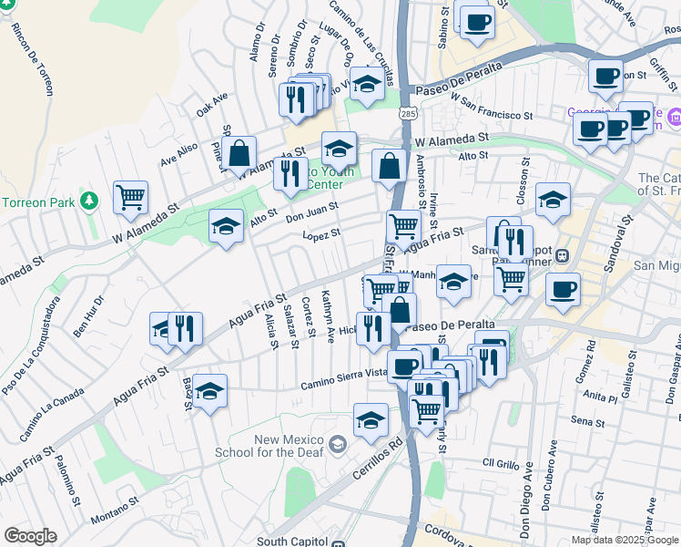 map of restaurants, bars, coffee shops, grocery stores, and more near 943 Agua Fria Street in Santa Fe