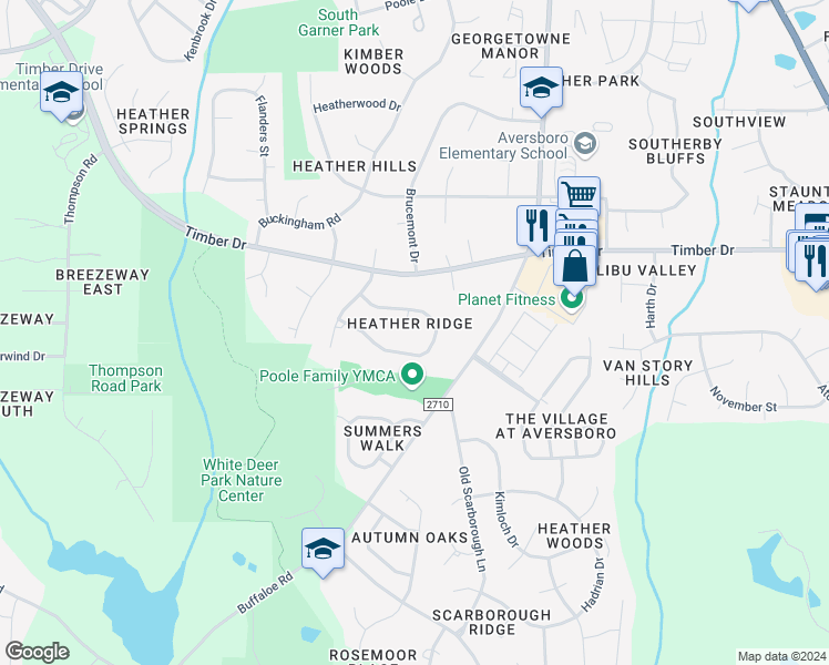map of restaurants, bars, coffee shops, grocery stores, and more near 105 Tyser Place in Garner