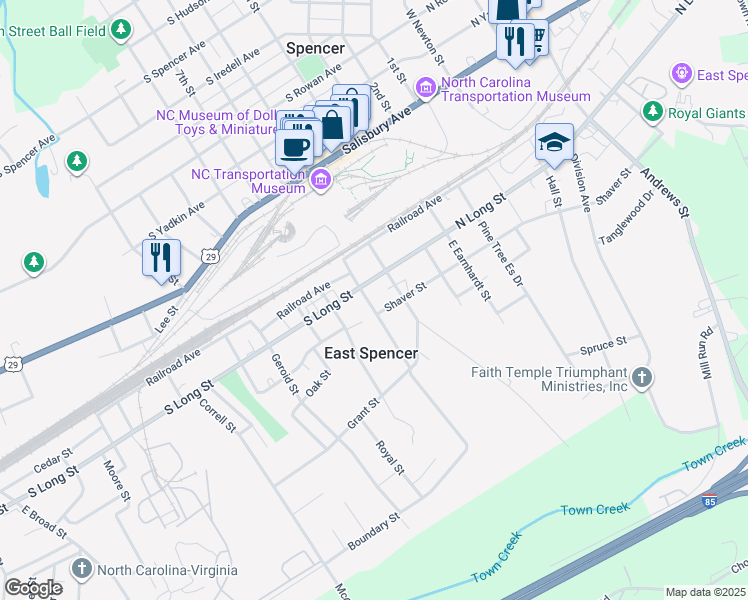 map of restaurants, bars, coffee shops, grocery stores, and more near 109 Shaver Street in East Spencer