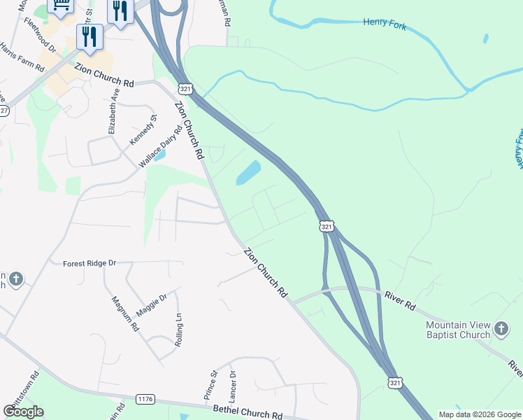 map of restaurants, bars, coffee shops, grocery stores, and more near 1448 Zion Church Road in Hickory