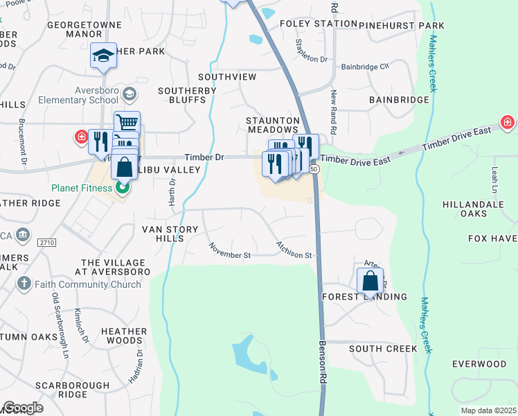 map of restaurants, bars, coffee shops, grocery stores, and more near 502 Atchison Street in Garner