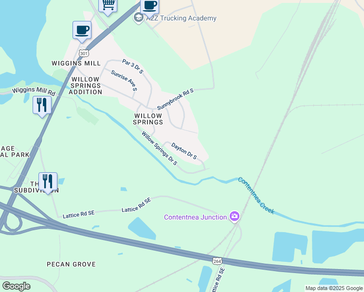 map of restaurants, bars, coffee shops, grocery stores, and more near 2115 Dayton Drive South in Wilson