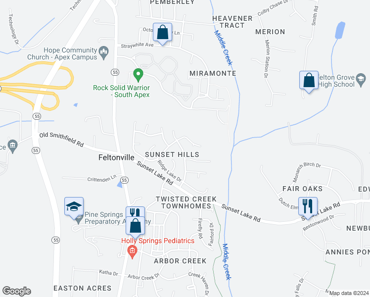 map of restaurants, bars, coffee shops, grocery stores, and more near 406 Stonecreek Drive in Apex