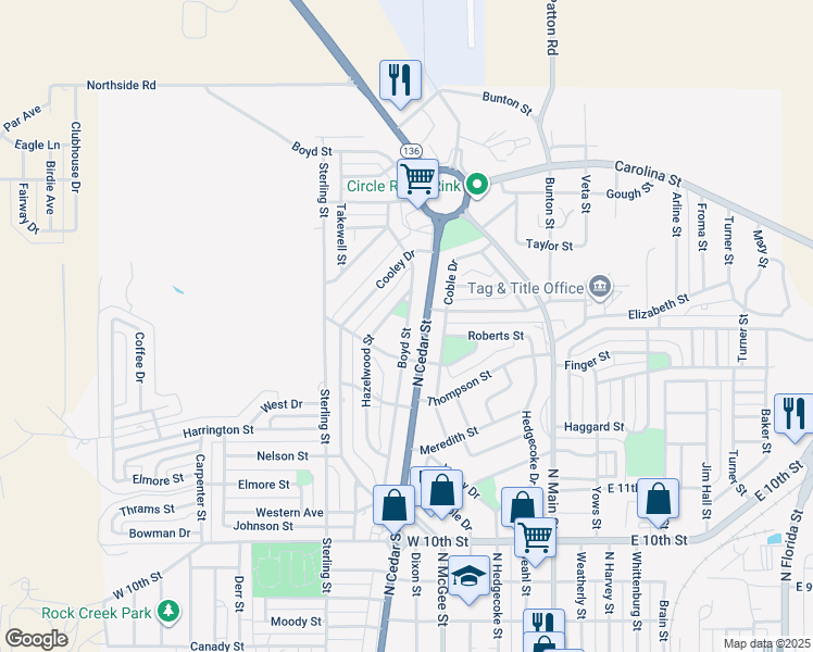 map of restaurants, bars, coffee shops, grocery stores, and more near 1408 Boyd Street in Borger