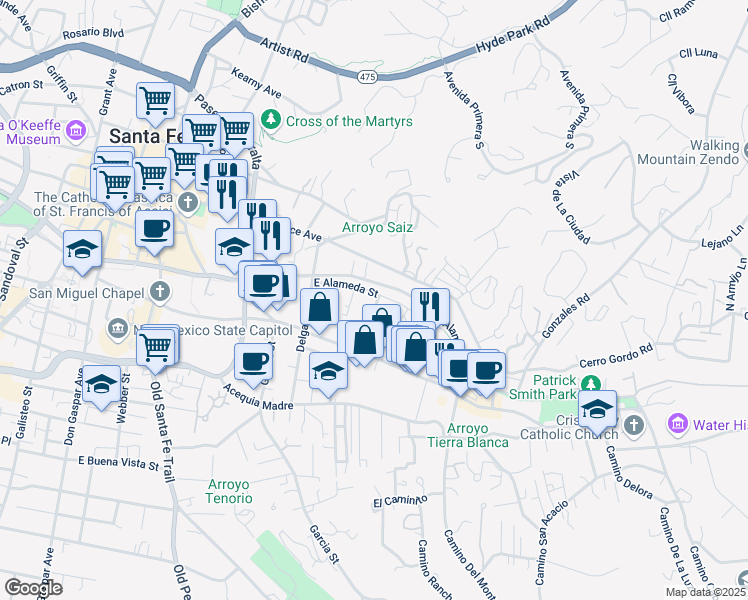 map of restaurants, bars, coffee shops, grocery stores, and more near 564 East Alameda Street in Santa Fe