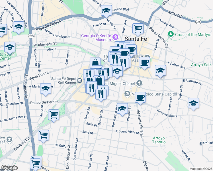 map of restaurants, bars, coffee shops, grocery stores, and more near 408 Galisteo Street in Santa Fe