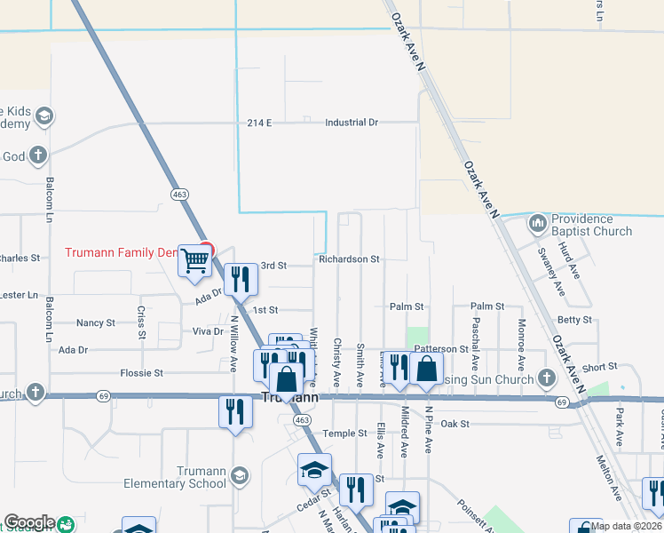 map of restaurants, bars, coffee shops, grocery stores, and more near 727 Christy Avenue in Trumann