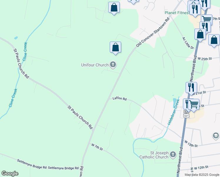 map of restaurants, bars, coffee shops, grocery stores, and more near 2189 Old Conover-Startown Road in Newton