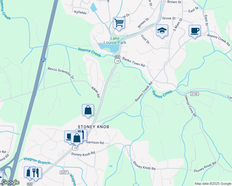 map of restaurants, bars, coffee shops, grocery stores, and more near 220 Merrimon Avenue in Weaverville