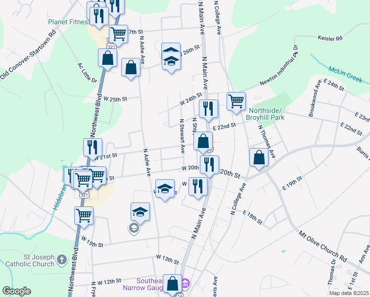 map of restaurants, bars, coffee shops, grocery stores, and more near 123 West 21st Street in Newton