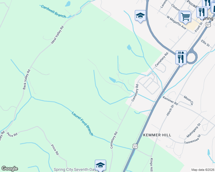 map of restaurants, bars, coffee shops, grocery stores, and more near 343 Wayne Smith Road in Spring City