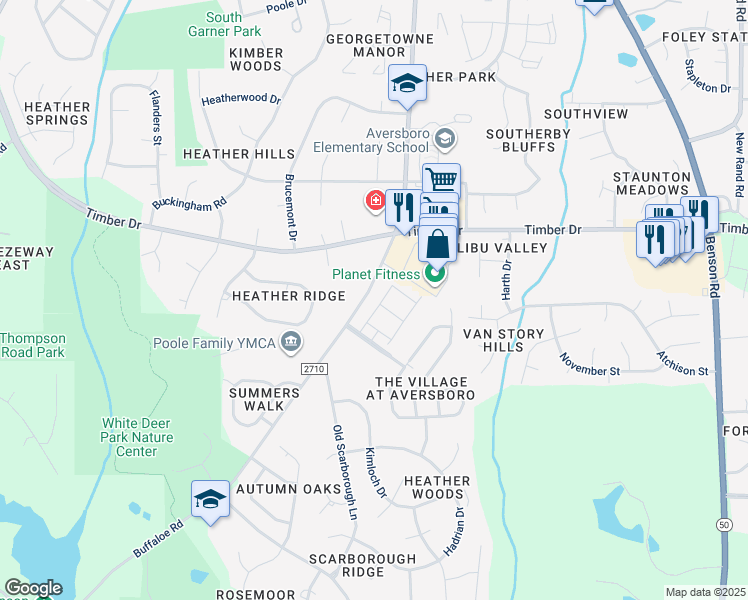 map of restaurants, bars, coffee shops, grocery stores, and more near 177 Kineton Woods Way in Garner