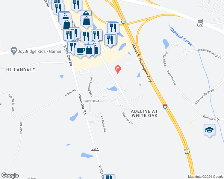 map of restaurants, bars, coffee shops, grocery stores, and more near 1500 Timber Drive East in Garner