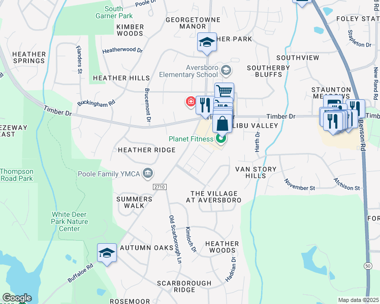 map of restaurants, bars, coffee shops, grocery stores, and more near 177 Kineton Woods Way in Garner