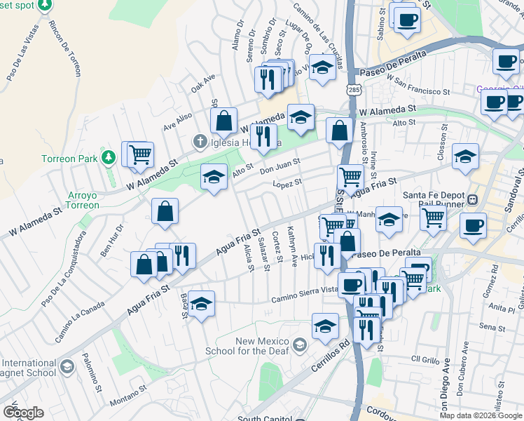 map of restaurants, bars, coffee shops, grocery stores, and more near 406 Cortez Place in Santa Fe
