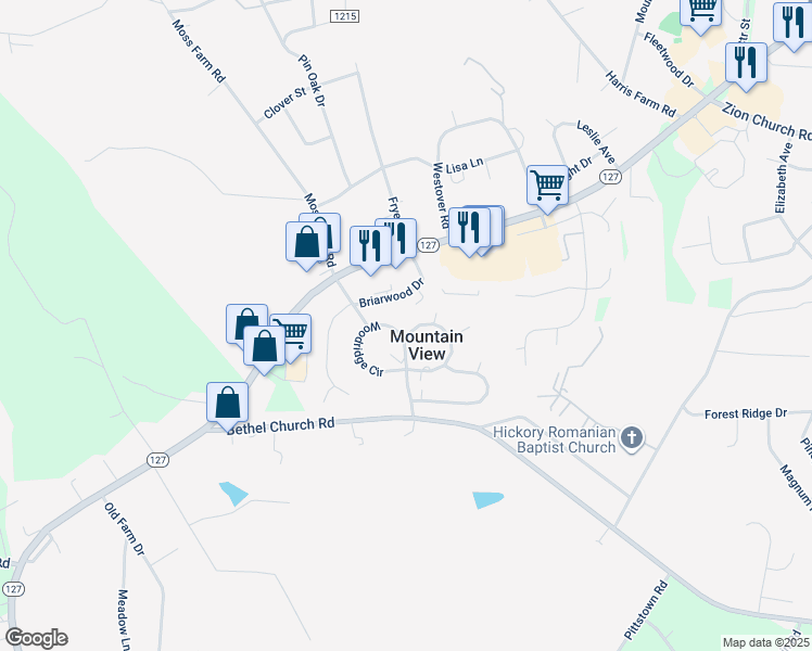 map of restaurants, bars, coffee shops, grocery stores, and more near 1677 Woodridge Circle in Hickory