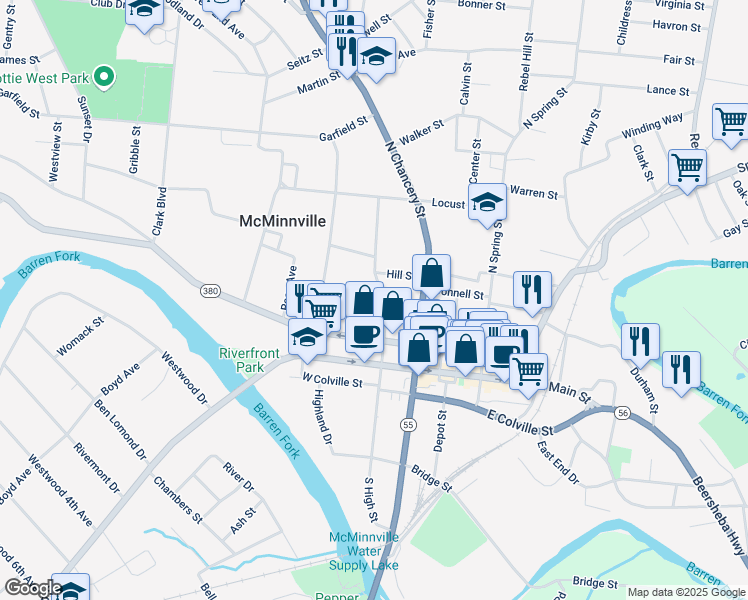 map of restaurants, bars, coffee shops, grocery stores, and more near 215 North High Street in McMinnville