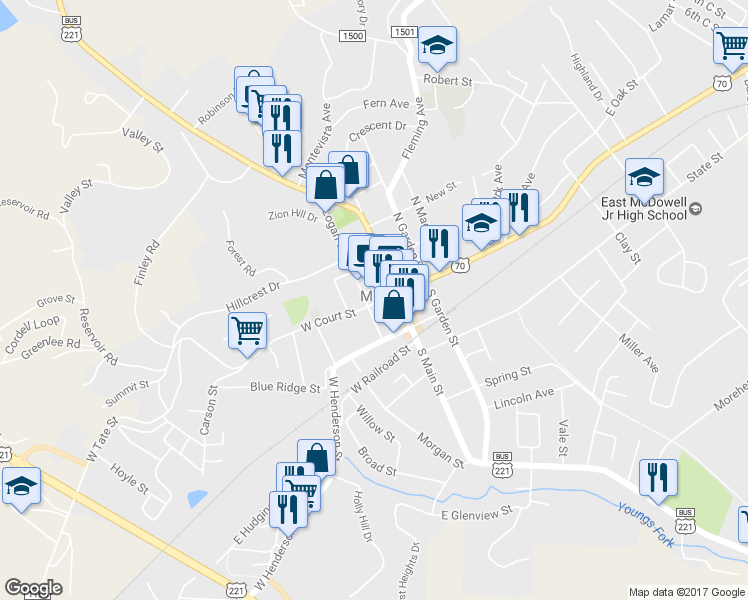 map of restaurants, bars, coffee shops, grocery stores, and more near 60 West Court Street in Marion