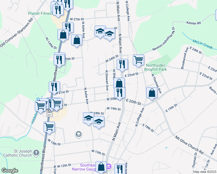 map of restaurants, bars, coffee shops, grocery stores, and more near 123 West 21st Street in Newton