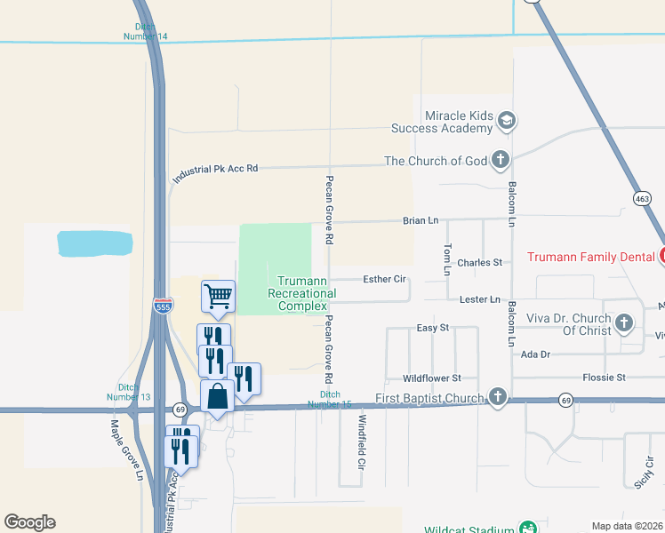 map of restaurants, bars, coffee shops, grocery stores, and more near 16326 Pecan Grove Road in Trumann