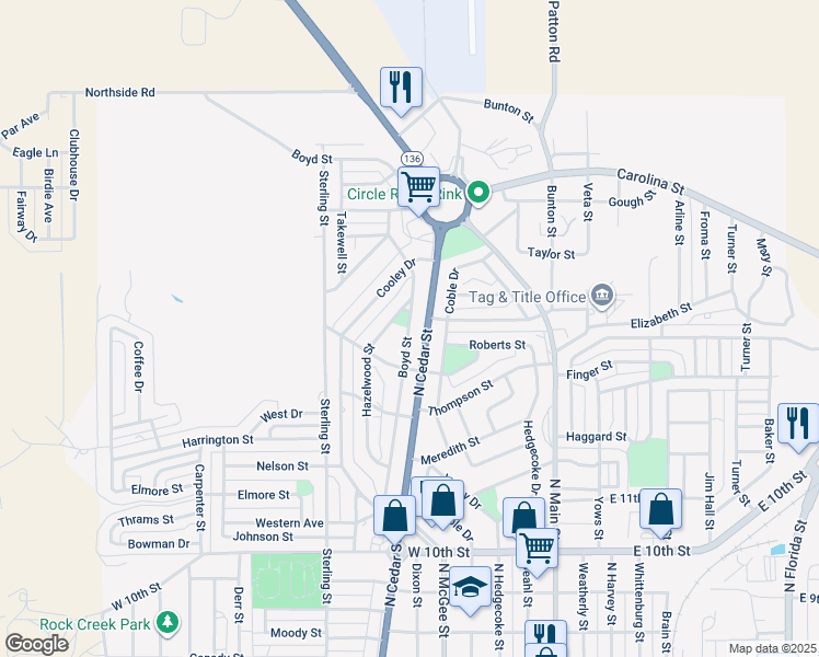 map of restaurants, bars, coffee shops, grocery stores, and more near 1408 Boyd Street in Borger