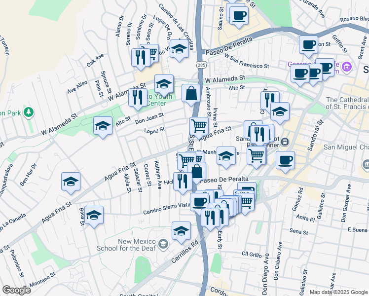 map of restaurants, bars, coffee shops, grocery stores, and more near 500 South Saint Francis Drive in Santa Fe