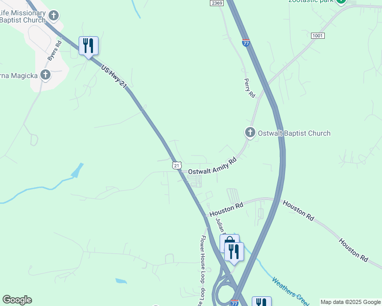 map of restaurants, bars, coffee shops, grocery stores, and more near 107-121 Ostwalt Amity Road in Troutman