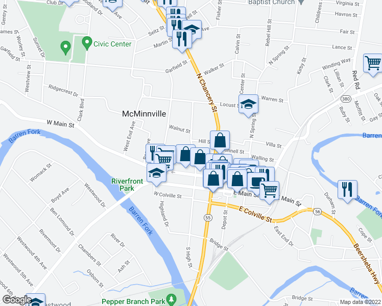 map of restaurants, bars, coffee shops, grocery stores, and more near 215 North High Street in McMinnville