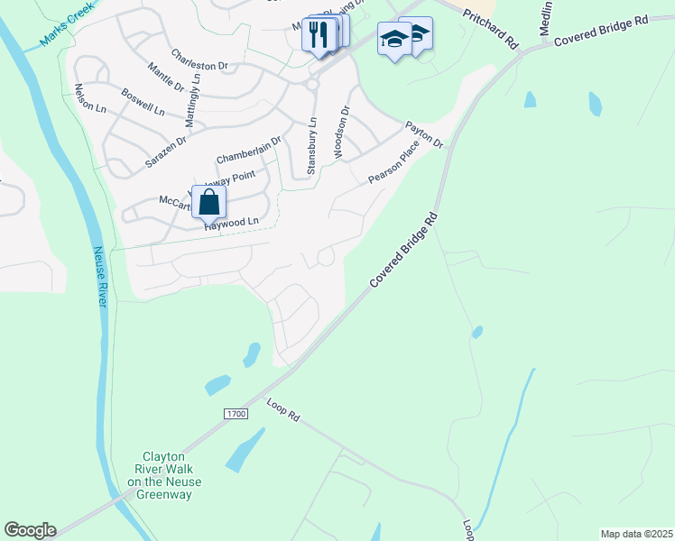 map of restaurants, bars, coffee shops, grocery stores, and more near in Clayton