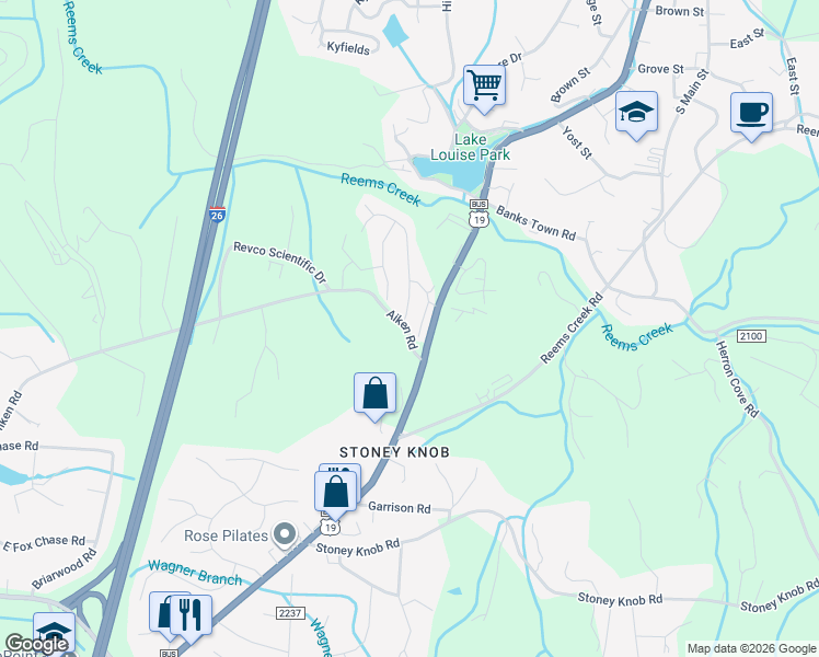 map of restaurants, bars, coffee shops, grocery stores, and more near 17 Aiken Road in Asheville