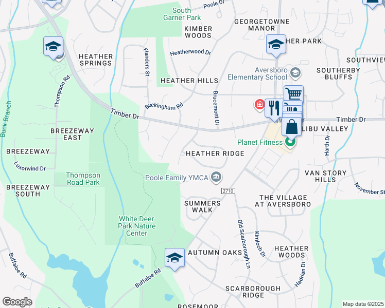 map of restaurants, bars, coffee shops, grocery stores, and more near 320 Whithorne Drive in Garner