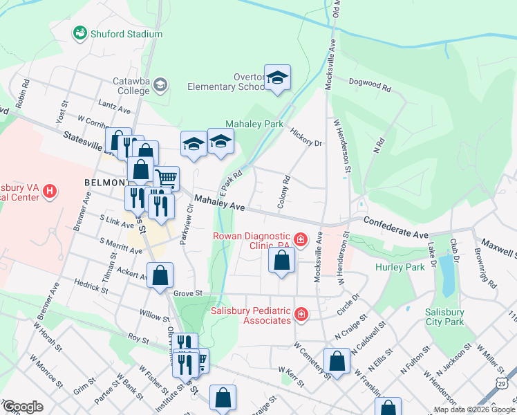 map of restaurants, bars, coffee shops, grocery stores, and more near 508 Mahaley Avenue in Salisbury