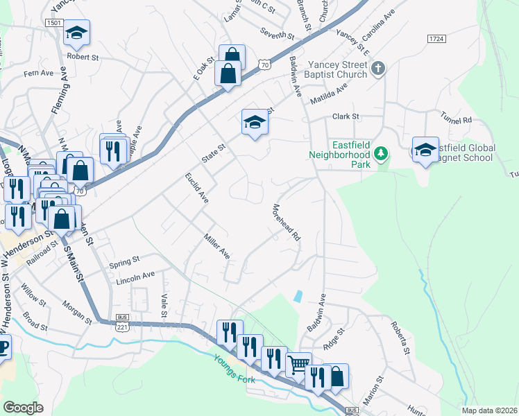 map of restaurants, bars, coffee shops, grocery stores, and more near 502 Woodland Drive in Marion