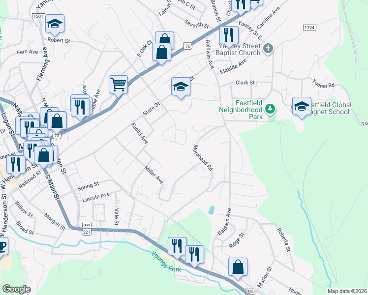 map of restaurants, bars, coffee shops, grocery stores, and more near 502 Woodland Drive in Marion