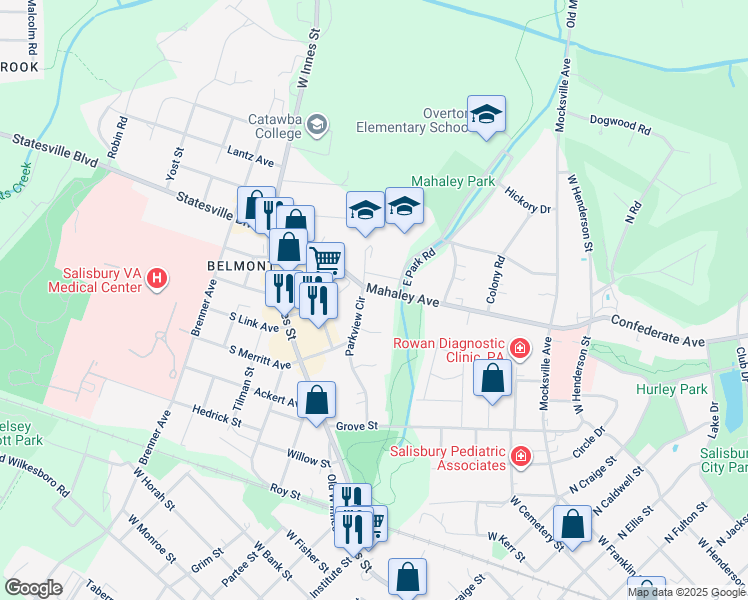 map of restaurants, bars, coffee shops, grocery stores, and more near 309 Mahaley Avenue in Salisbury